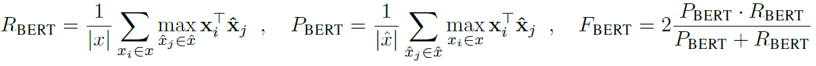 Equations for the calculation of BERTScore.